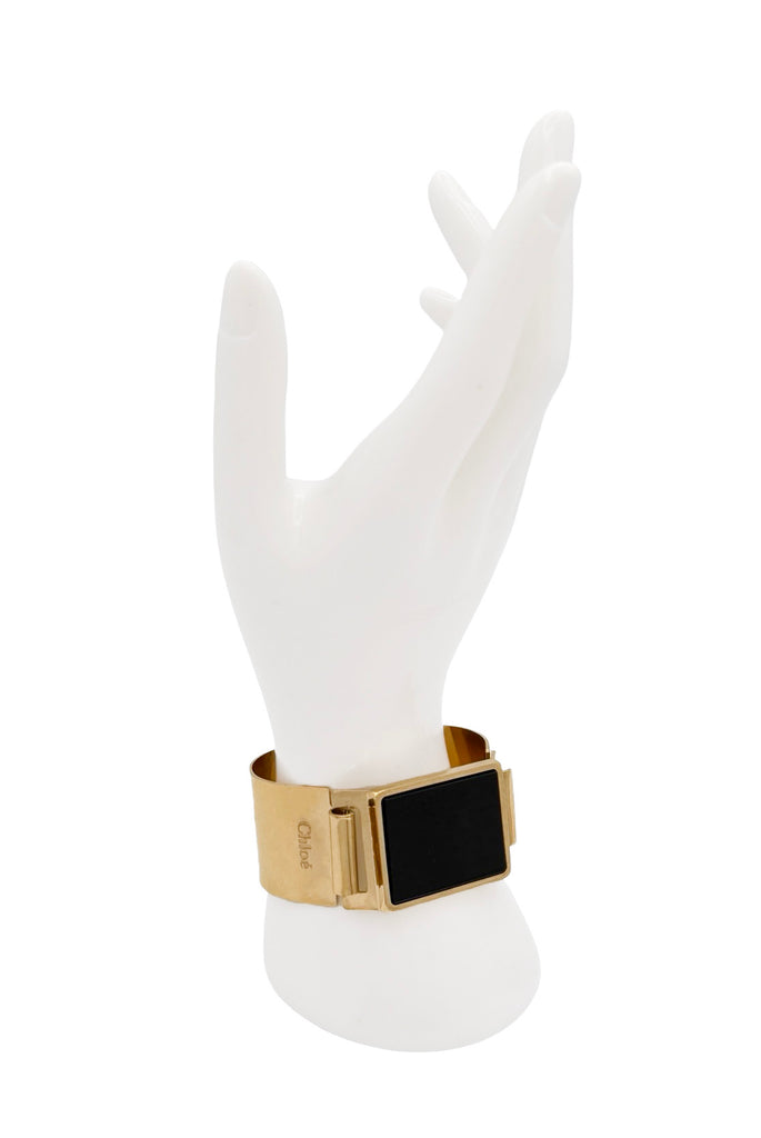 Chloe Gold Black Enamel Plate Logo Cuff Bracelet