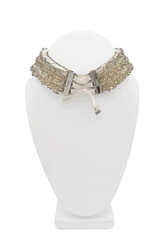 Christian Dior x Galliano Silver Beaded Corseted Ribbon Choker Necklace