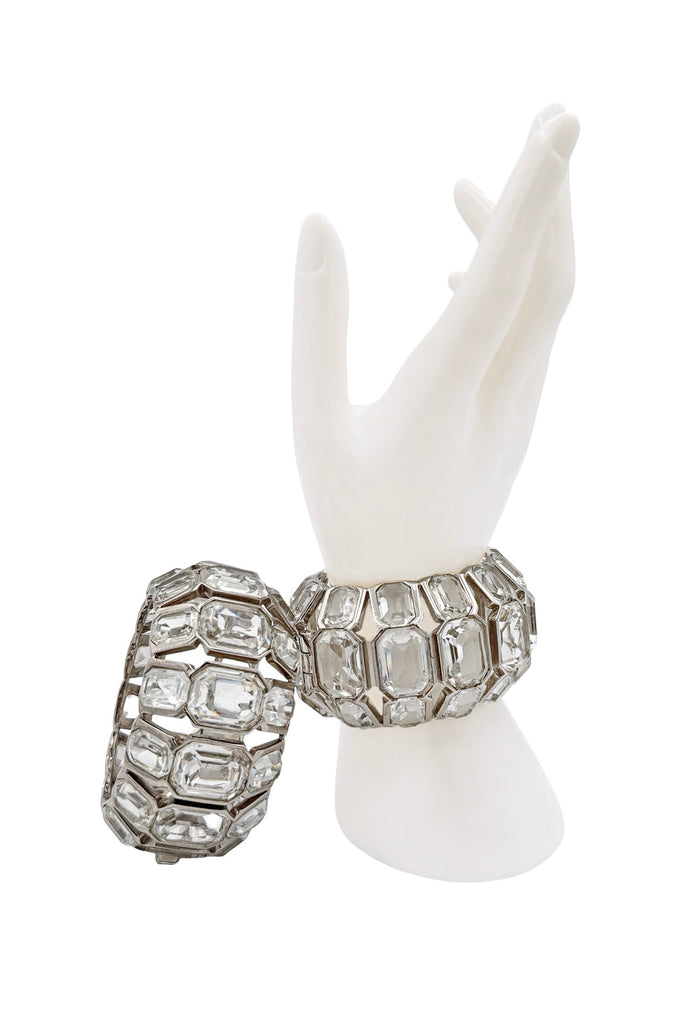 Alexander McQueen Silver Crystal Rhinestone Cut Out Wide Cuff Bracelet