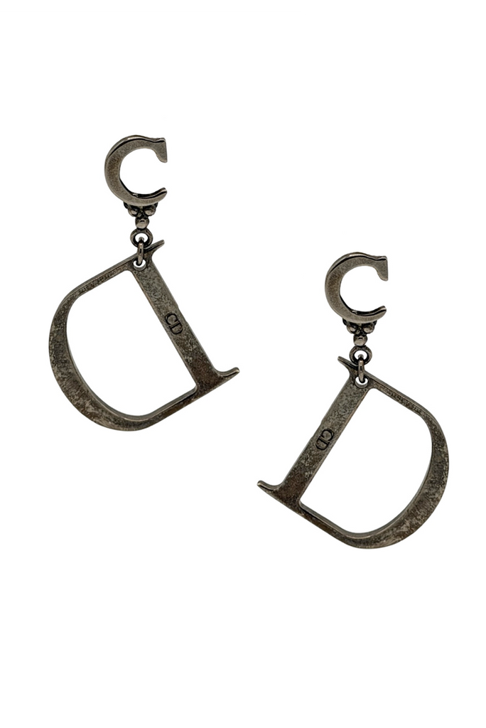 Christian Dior Blackened Silver Logo CD Earrings