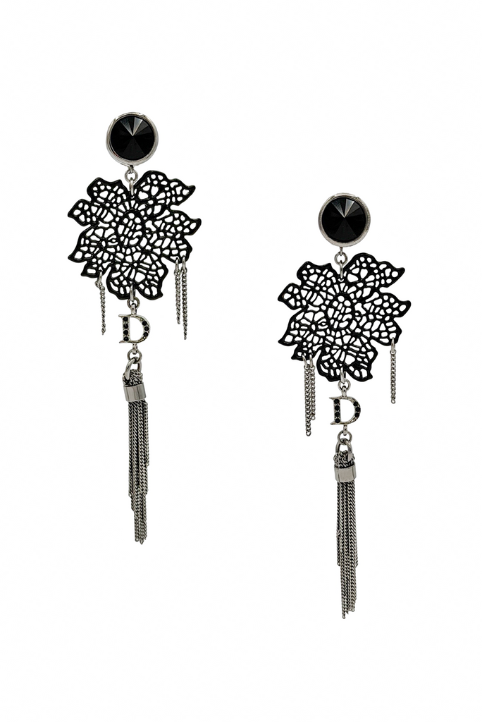 Christian Dior Black Gemstone Logo Embellished Fringe Drop Earrings