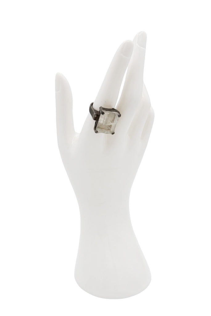 Vintage Silver Rhinestone Crystal Rectangular Cut Cocktail Ring