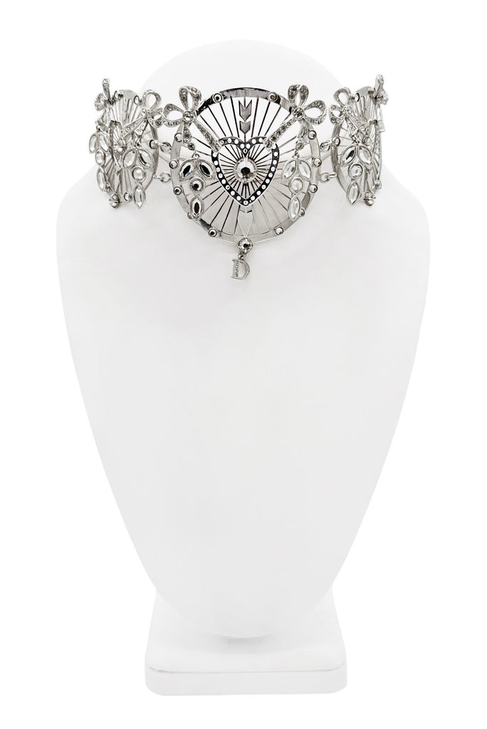 Christian Dior x Galliano Silver Crystal Heart Bow Logo Charm Embellished Choker Necklace