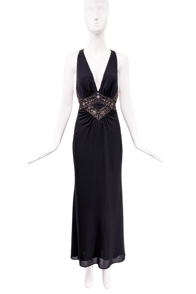 Roberto Cavalli Black Silk Beaded Embellished Cut Out Dress Gown