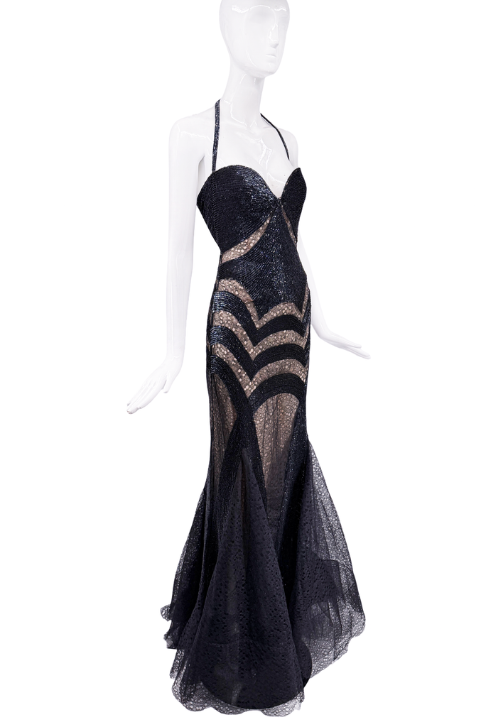 Roberto Cavalli Black Sequin Lace Corset Halter Dress Gown