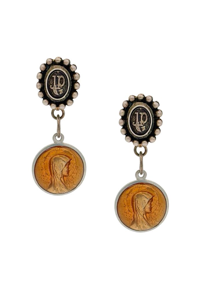 Jean Paul Gaultier Silver Orange Cameo Coin Embellished Logo 90s Runway Drop Earrings