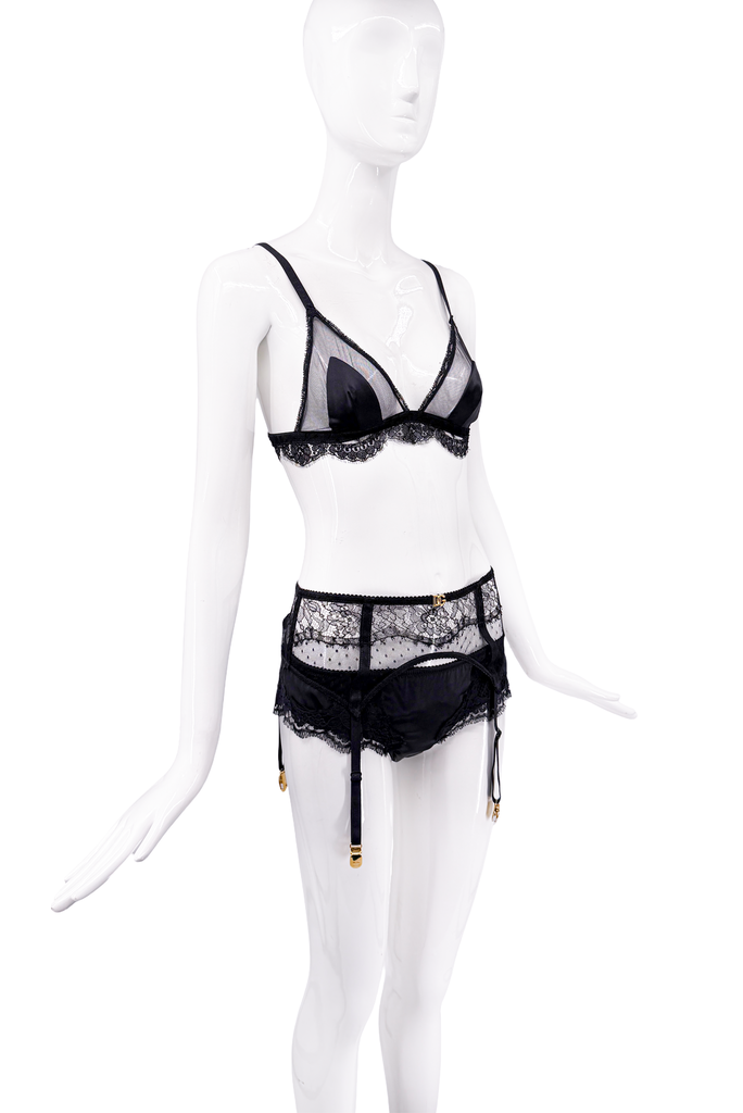 Dolce & Gabbana Black Lace Lingerie Bra Panties Underwear Garter Belt Set