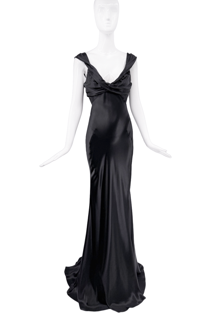 Roberto Cavalli Black Open Back Bow Draped Cascading Tail Dress Gown