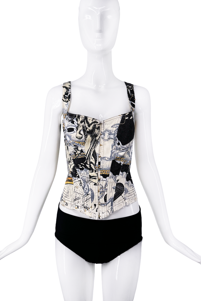 Roberto Cavalli White Black Abstract Print Corset Top