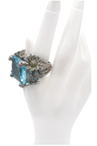 Vintage Aquamarine Blue Massive Square Cocktail Ring with Floral Details