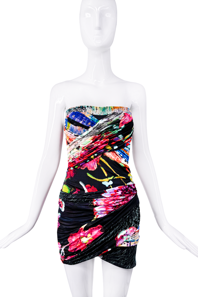 Roberto Cavalli Black Pink Multicolor Floral Print Bias Cut Strapless Bustier Mini Dress