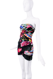 Roberto Cavalli Black Pink Multicolor Floral Print Bias Cut Strapless Bustier Mini Dress