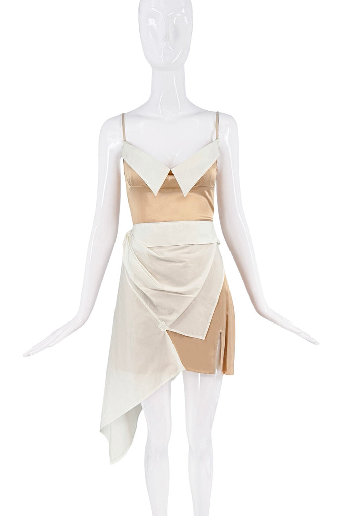 Vintage Nude White Silk Deconstructed Asymmetric Apron Collared Slip Dress