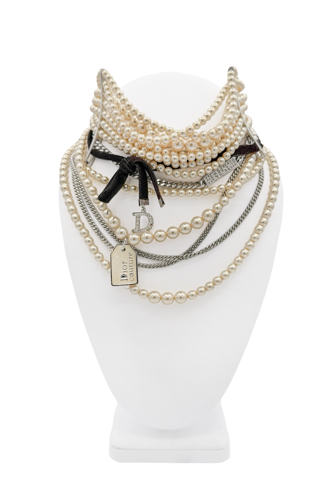 Christian Dior x Galliano Silver Pearl Logo Charm Maasai Draped Choker Necklace