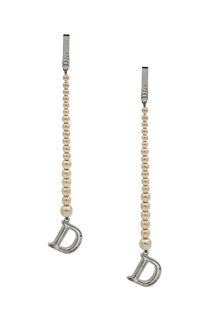 Christian Dior Silver Pearl D Logo Long Drop Earrings