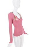 John Galliano Pink Ribbed Button Down Graphic Cherry Print Bow Cardigan Sweater Top