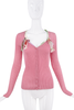 John Galliano Pink Ribbed Button Down Graphic Cherry Print Bow Cardigan Sweater Top