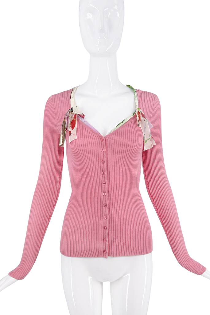 John Galliano Pink Ribbed Button Down Graphic Cherry Print Bow Cardigan Sweater Top