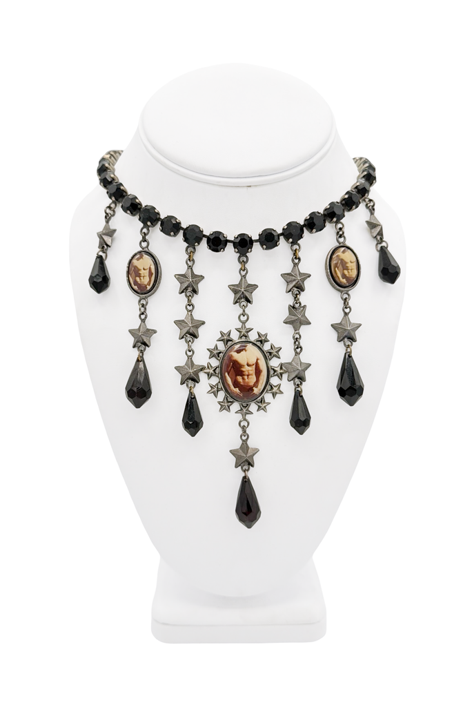 Jean Paul Gaultier Silver Vintage Star Beaded Abs Chest Cameo Charm Link Collar Necklace
