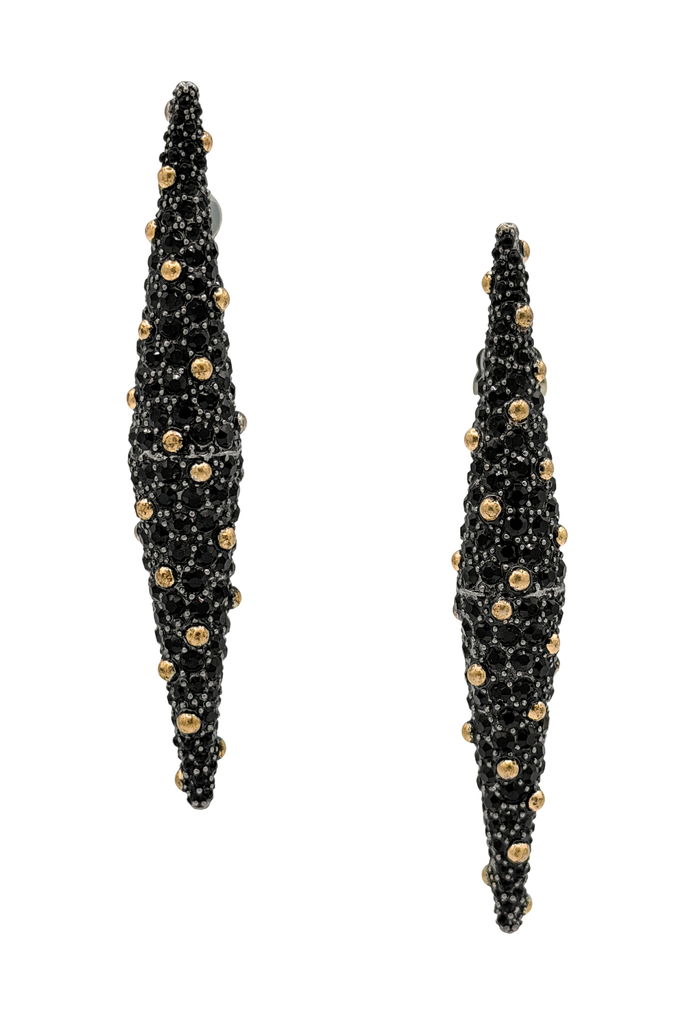 Vintage Black Pavé Crystal Gold Balls Double Cone Spike XL Stud Earrings