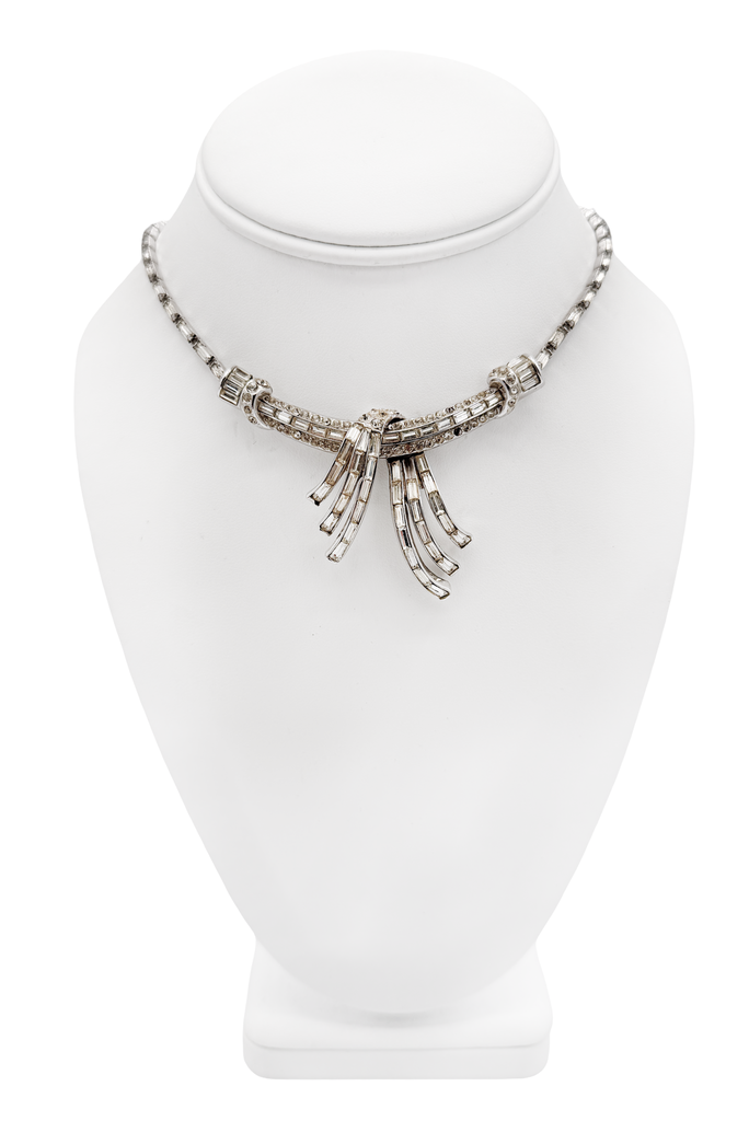 Vintage Silver Baguette Crystal Architectural Pendant Necklace