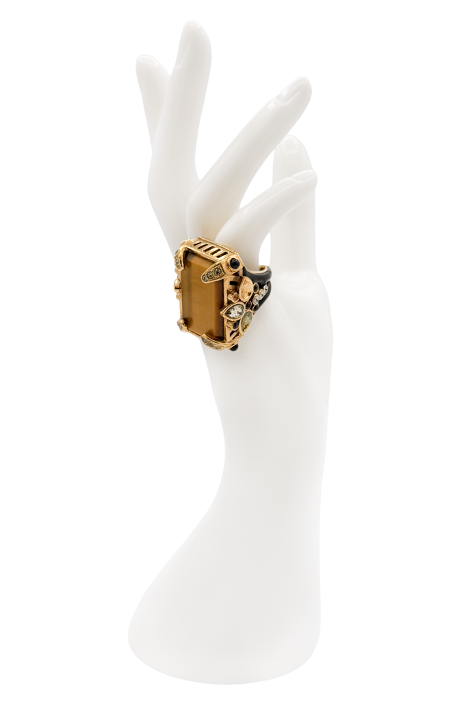 Roberto Cavalli Gold Black Tigers Eye Gemstone Cocktail Ring