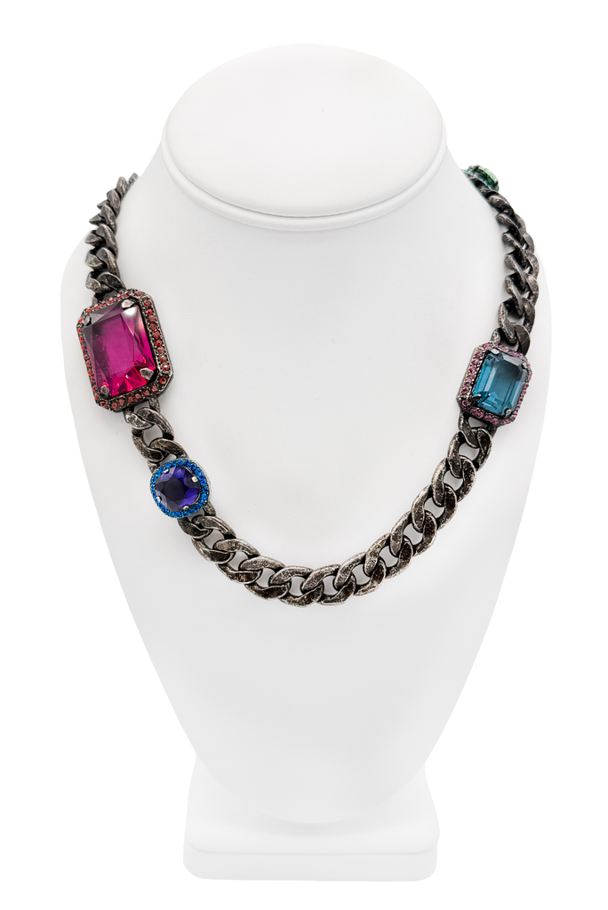 Lanvin Blackened Silver Gunmetal Gemstone Chain Link Necklace
