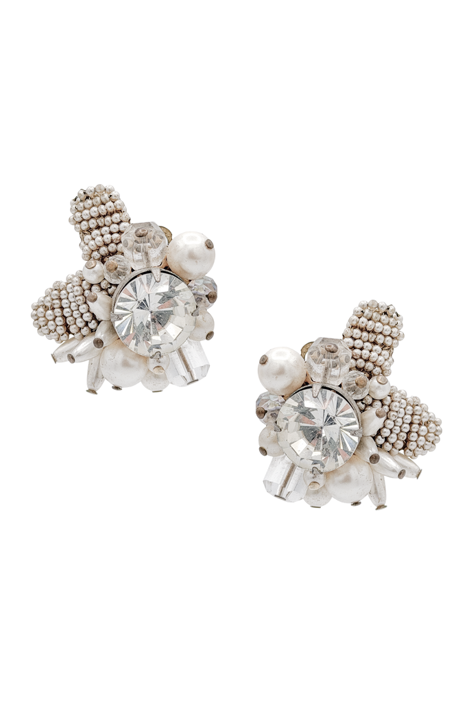 Vintage Silver White Crystal Rhinestone Bead Cluster Stud Earrings