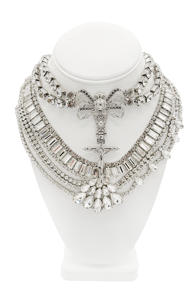 Aniye Records Silver Crystal Layered Bow Cross Crucifix Necklace
