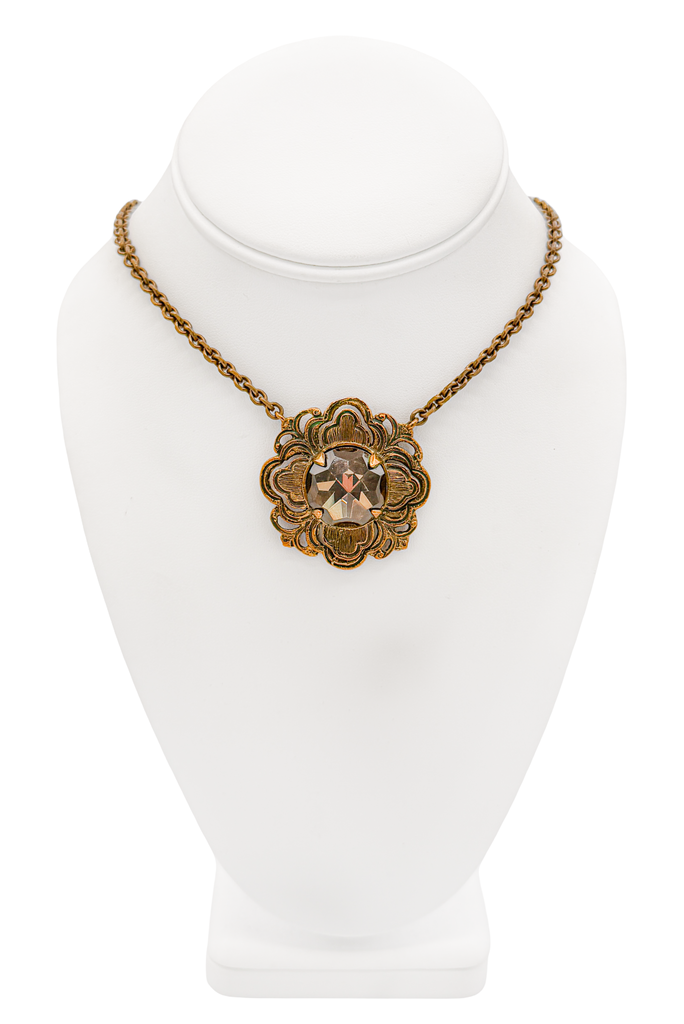 Stephen Dweck Gold Bronze Crystal Embellished Flower Pendant Chain Necklace