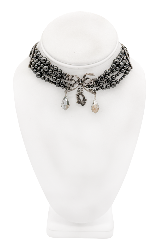 Christian Dior Black Pearl Four Strand Crystal Drop Logo Choker Necklace