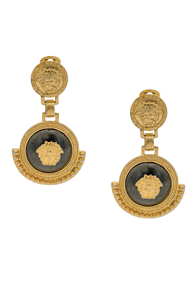 Versace Gold Black Double Medallion Medusa Logo Drop Earrings