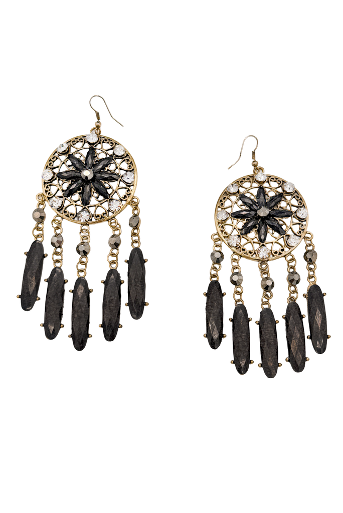 Vintage Gold Black Rhinestone Crystal Star Dream Catcher Earrings