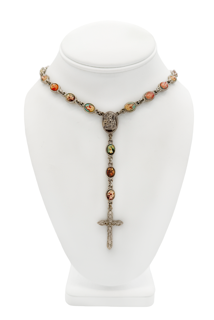 Dolce & Gabbana Silver Enamel Portrait Medallions Rosary Cross Necklace