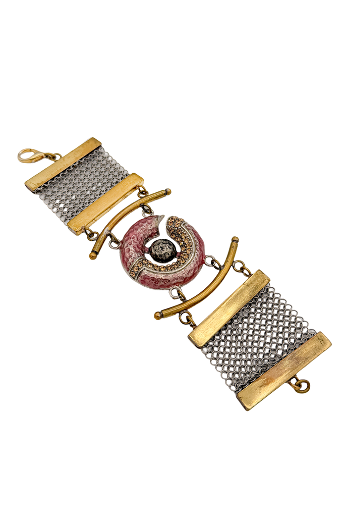 Missoni Gold Silver Mesh Pink Textured Circular Orb Pendant Link Bracelet