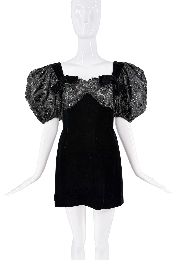 Carolyne Roehm Black Velvet Sequin Lace Puff Sleeve Bow Mini Dress