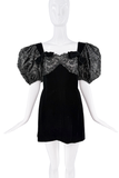 Carolyne Roehm Black Velvet Sequin Lace Puff Sleeve Bow Mini Dress