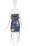 DSquared2 Blue Denim Sheer Cut Out Black Lace Up Bustier Mini Dress