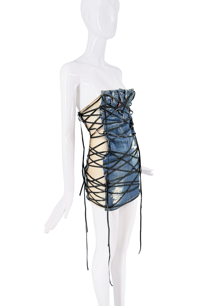 DSquared2 Blue Denim Sheer Cut Out Black Lace Up Bustier Mini Dress