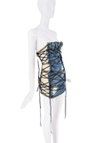 DSquared2 Blue Denim Sheer Cut Out Black Lace Up Bustier Mini Dress