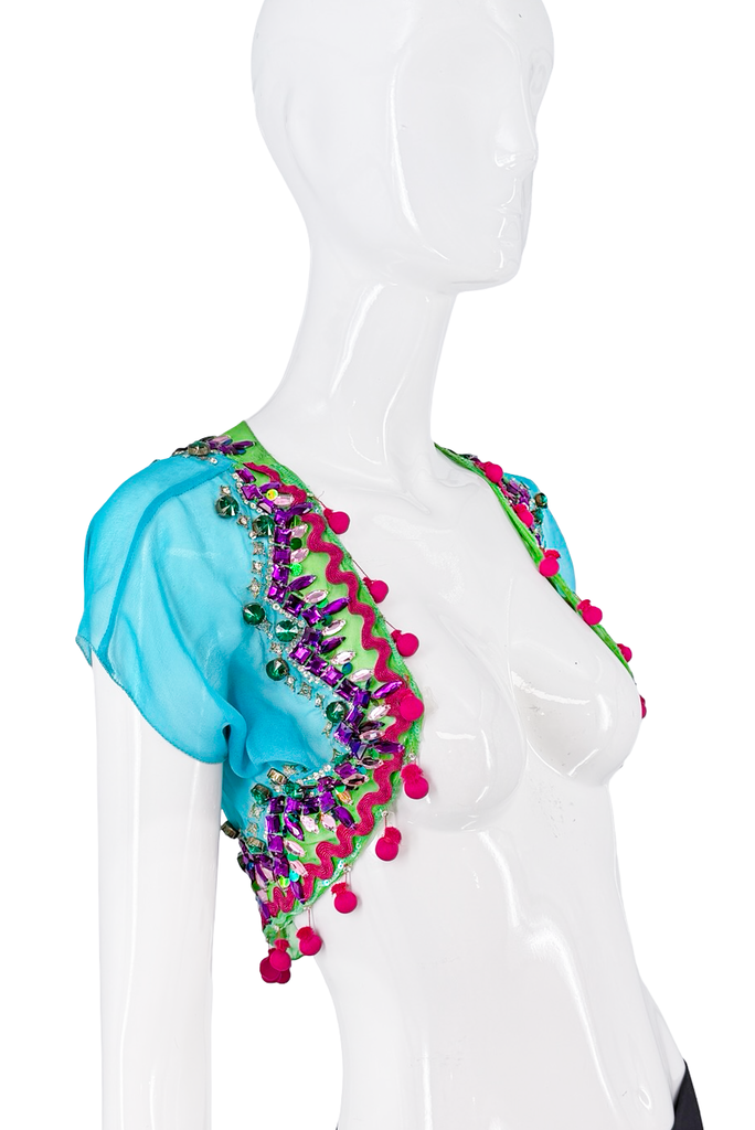 Etro Blue Red Green Purple Sheer Crystal Beaded Embellished Cropped Capelet Shawl