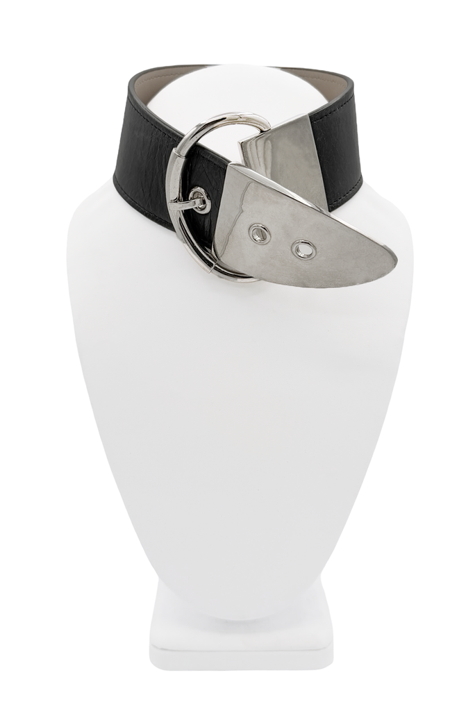 Paco Rabanne Silver Black Leather Metal Buckle Choker Necklace