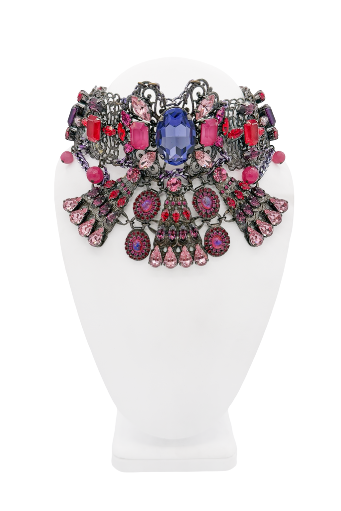 Erickson Beamon Blackened Silver Pink Purple Red Gemstone Choker Collar Necklace