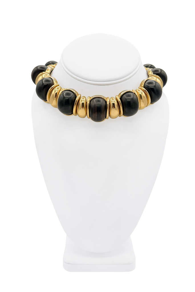 Saint Laurent YSL Gold Black Wood Half Moon Collar Necklace