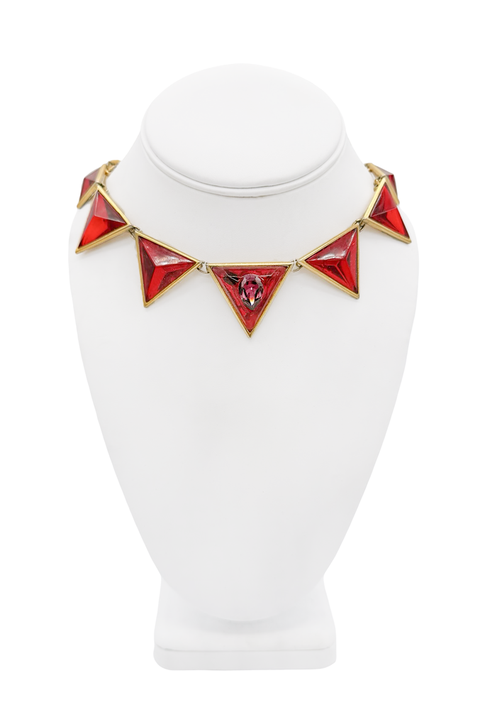 Saint Laurent Gold Red Purple Gemstone Upside Down Triangle Link Necklace