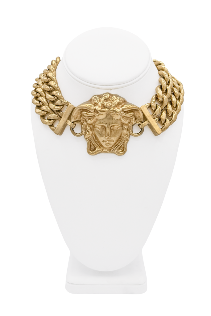 Versace Gold Large Medusa Head Pendant Chunky Two Chain Link Collar Necklace