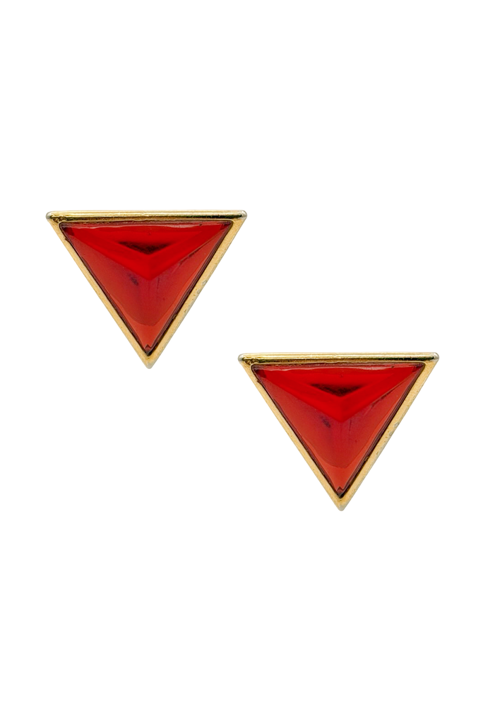 Saint Laurent Gold Red Gemstone Upside Down Triangle Stud Earrings