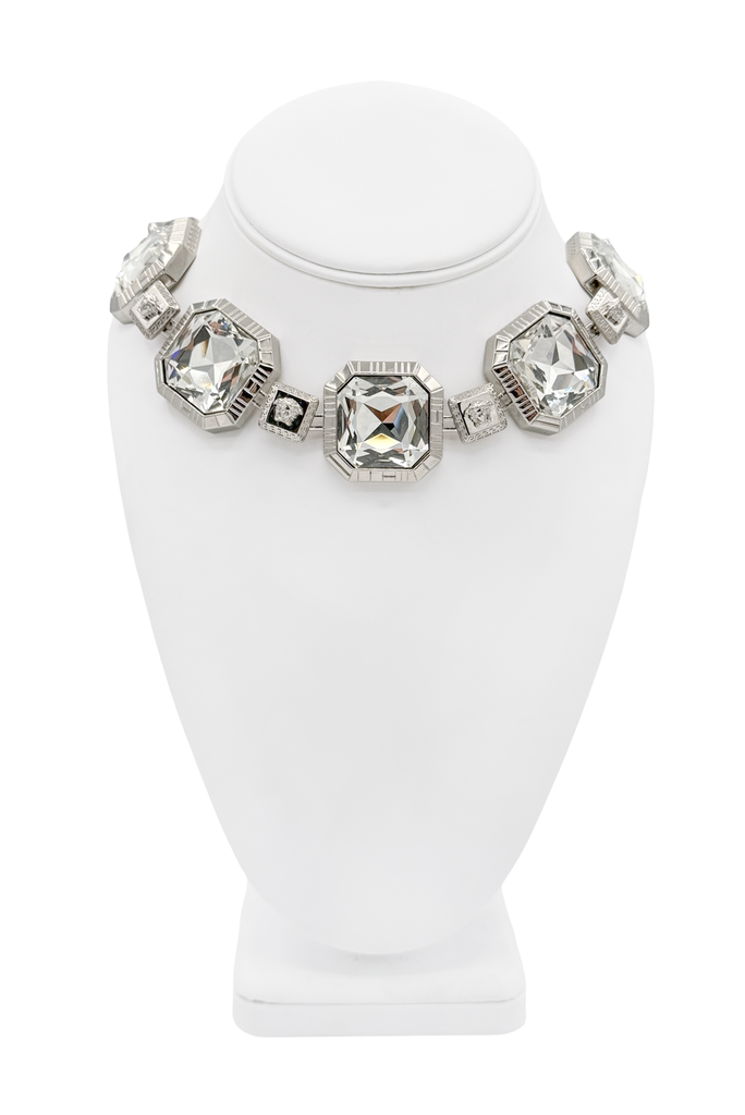 Versace Silver Crystal Rhinestone Medusa Logo Square Link Necklace