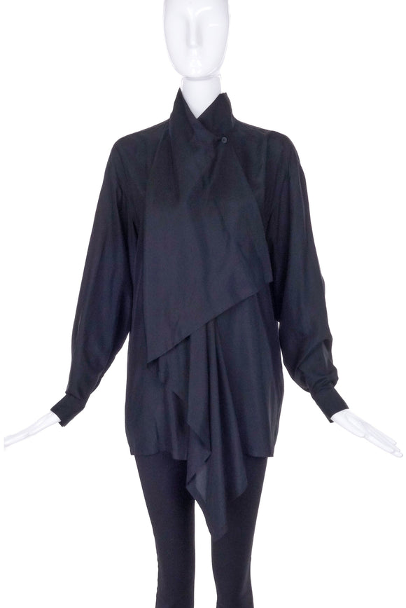 Issey Miyake Black Silk Fold Over Draped Blouse