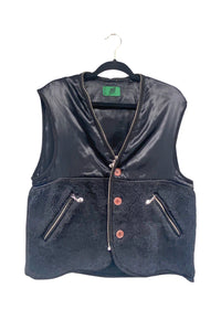 Jean Paul Gaultier Black Satin and Black Fuzzy Shearling Vest with Zipper Detailing at Collar